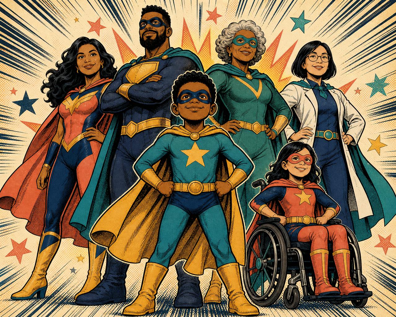 Comic-book team poster of a child superhero standing front and center with caregiver heroes around them: a mother, a father, a grandparent, a therapist in a lab coat and a second child hero in a wheelchair