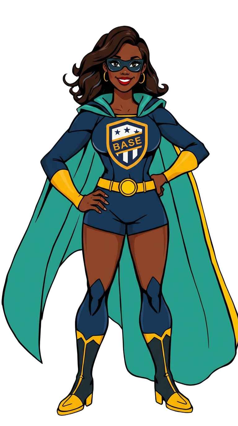 Speech therapist illustrated as a BASE superhero